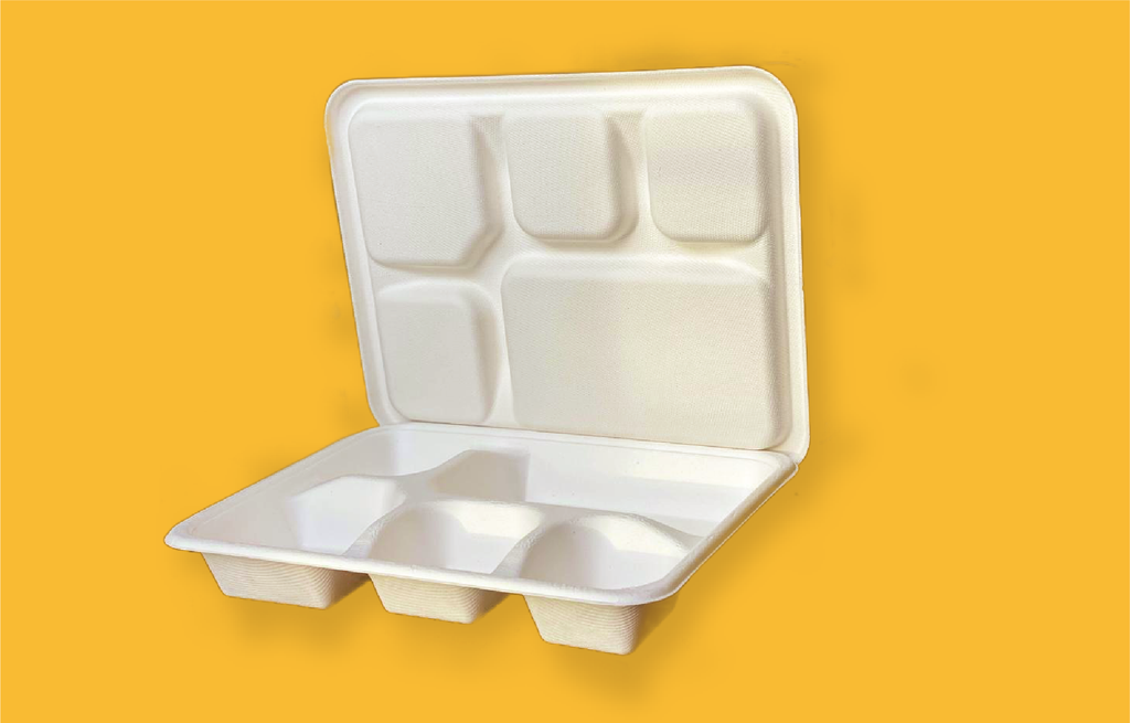 Sugarcane Bagasse - 5 Compartment Meal Tray With Lid - White - 50 Pcs - salpers.ch